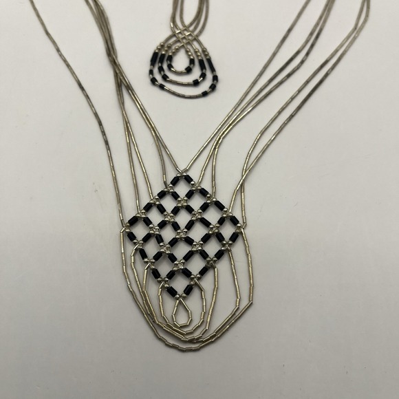 Pair Strand Liquid Silver Bib Necklaces Stamp Sterling Black Beads (Onyx?) 21g - Picture 8 of 16